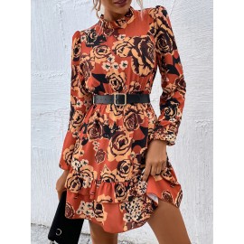 Mock Neck Lantern Sleeve Layered Hem Floral Dress Without Belt